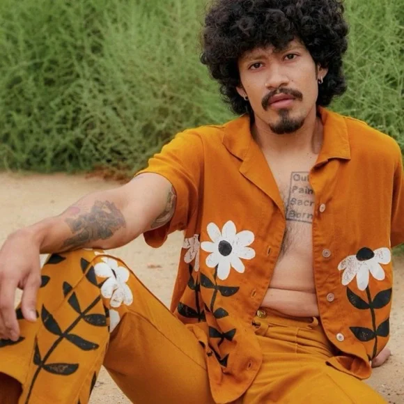 Big Bud Press Paintstamp Daisy Button Up Shirt in Spicy Mustard - Picture 6 of 9